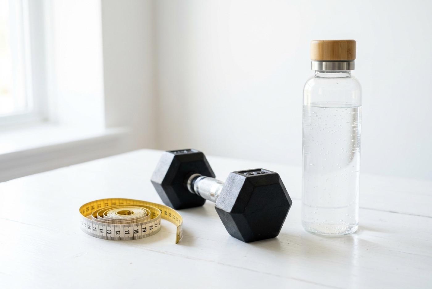 A tape measure, dumbbell and water bottle on a bright surface