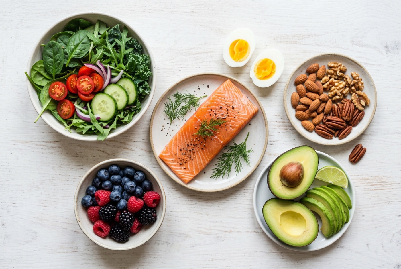 A fresh flat-lay of leafy greens, berries, nuts, salmon, eggs and avocado